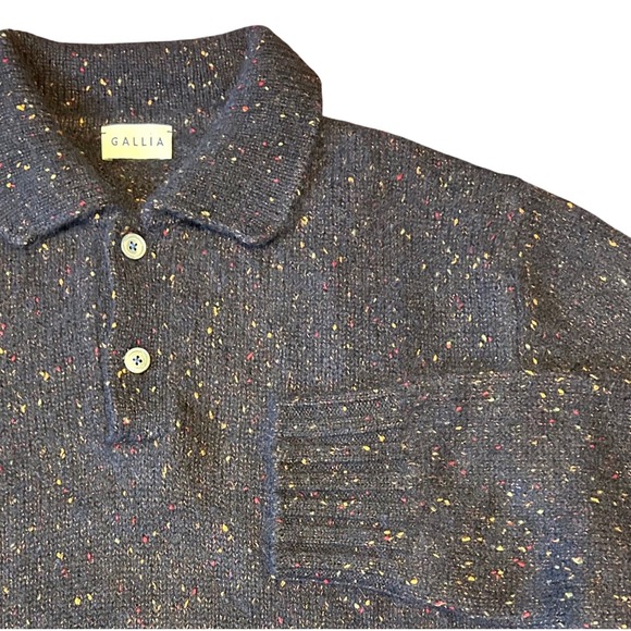 Gallia Mens Navy Blue Alpaca Merino Wool Speckled Knit Polo Sweater Italy